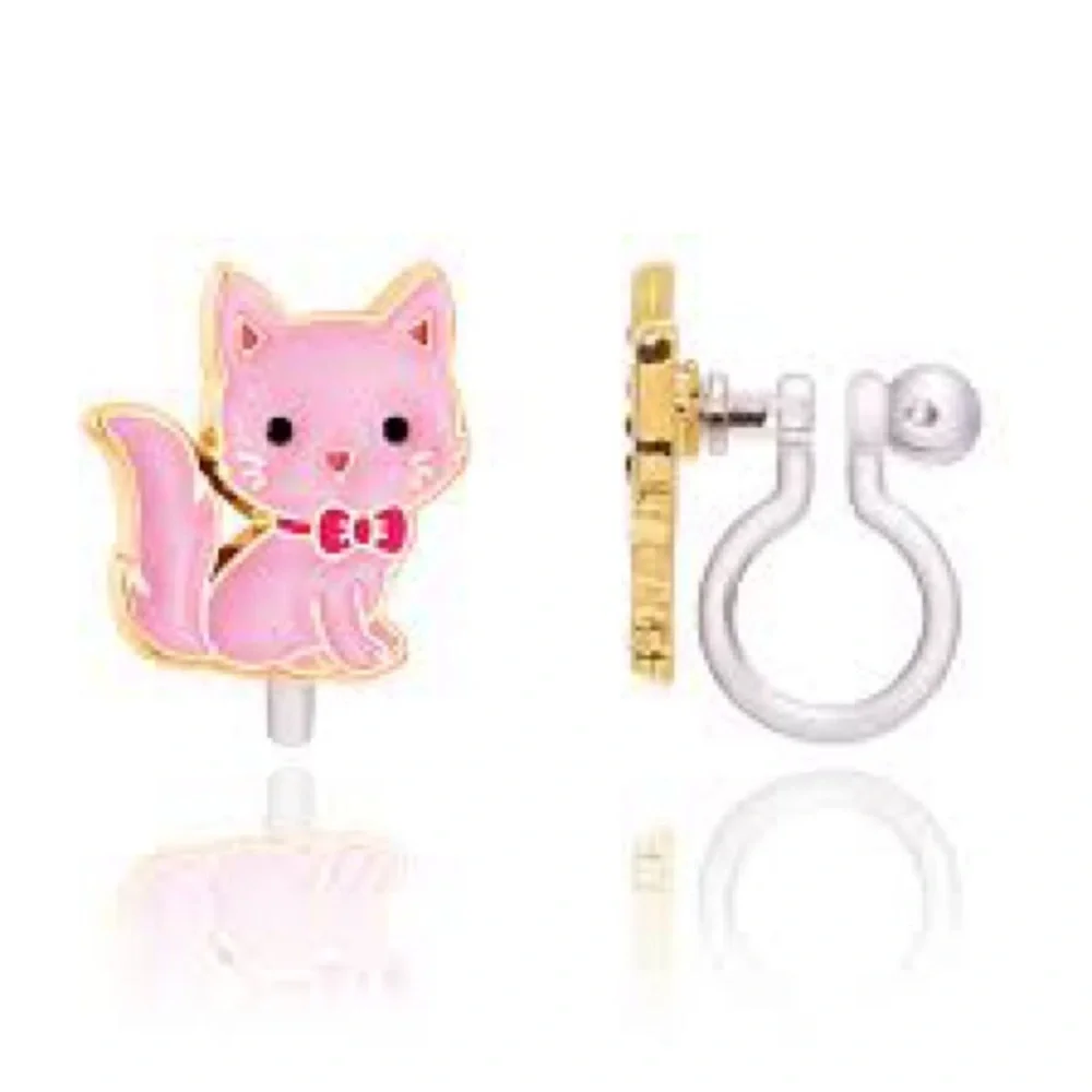 Pink Cat Enamel Kids Clip-On Earrings